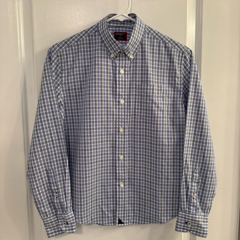 UNTUCKit Youth Button Down Pio Cesare Navy Blue White Check Boys 12
